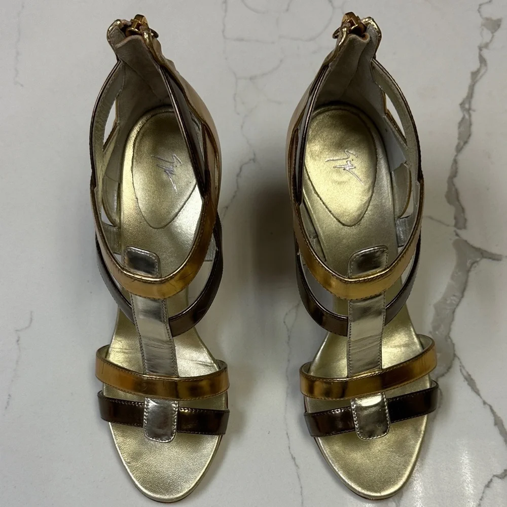 Giuseppe Zanotti Cruel Summer Gladiator Sandals Gold Silver Strappy Heels EU 37